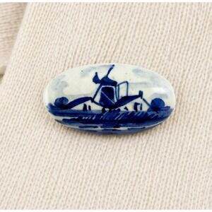 Vintage Delft Holland Porcelain Brooch Blue Windmill Pin Hand Painted ~ 1.5"
